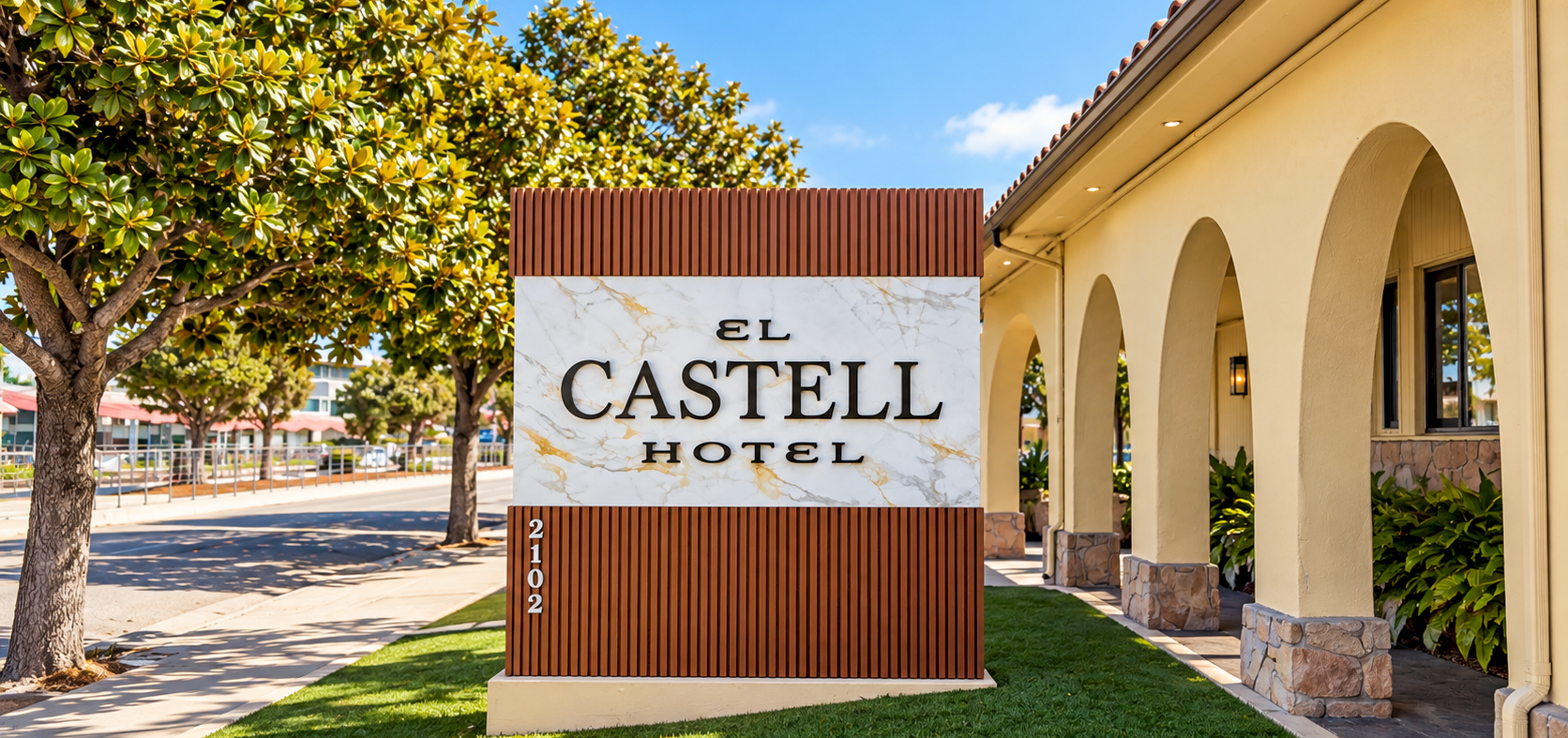 An exterior hotel sign reading &ldquo;El Castell Hotel&rdquo; by a sunny walkway with trees and arches.