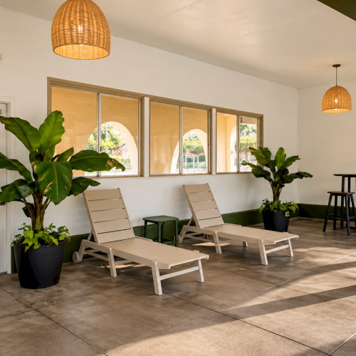 A bright lounge patio with two sunbeds, potted plants, pendant lights, and an EXIT sign over a door.