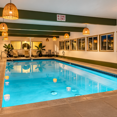 Indoor hotel pool with blue water, lounge chairs, potted plants, hanging lamps, and a &ldquo;No diving allowed&rdquo; sign.