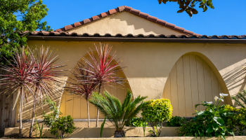 Sunny exterior of a stucco building with an arched doorway and colorful tropical plants under a clear blue sky.