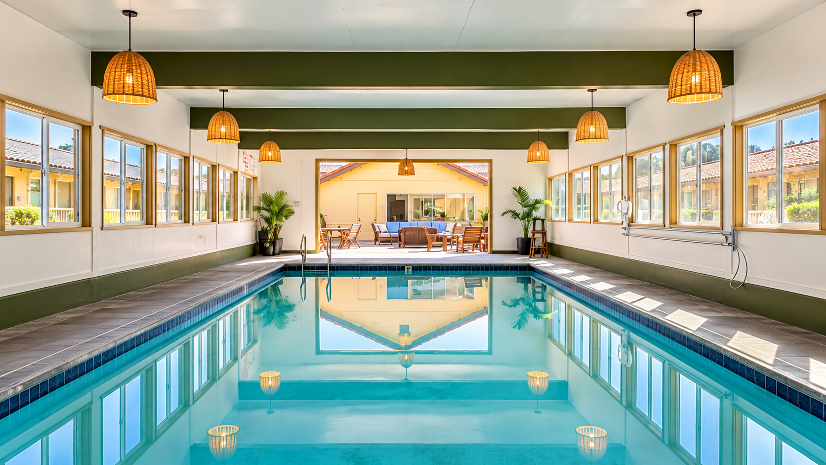 Indoor swimming pool with windows, sunlit lounge chairs, and warm hanging lantern lights above.